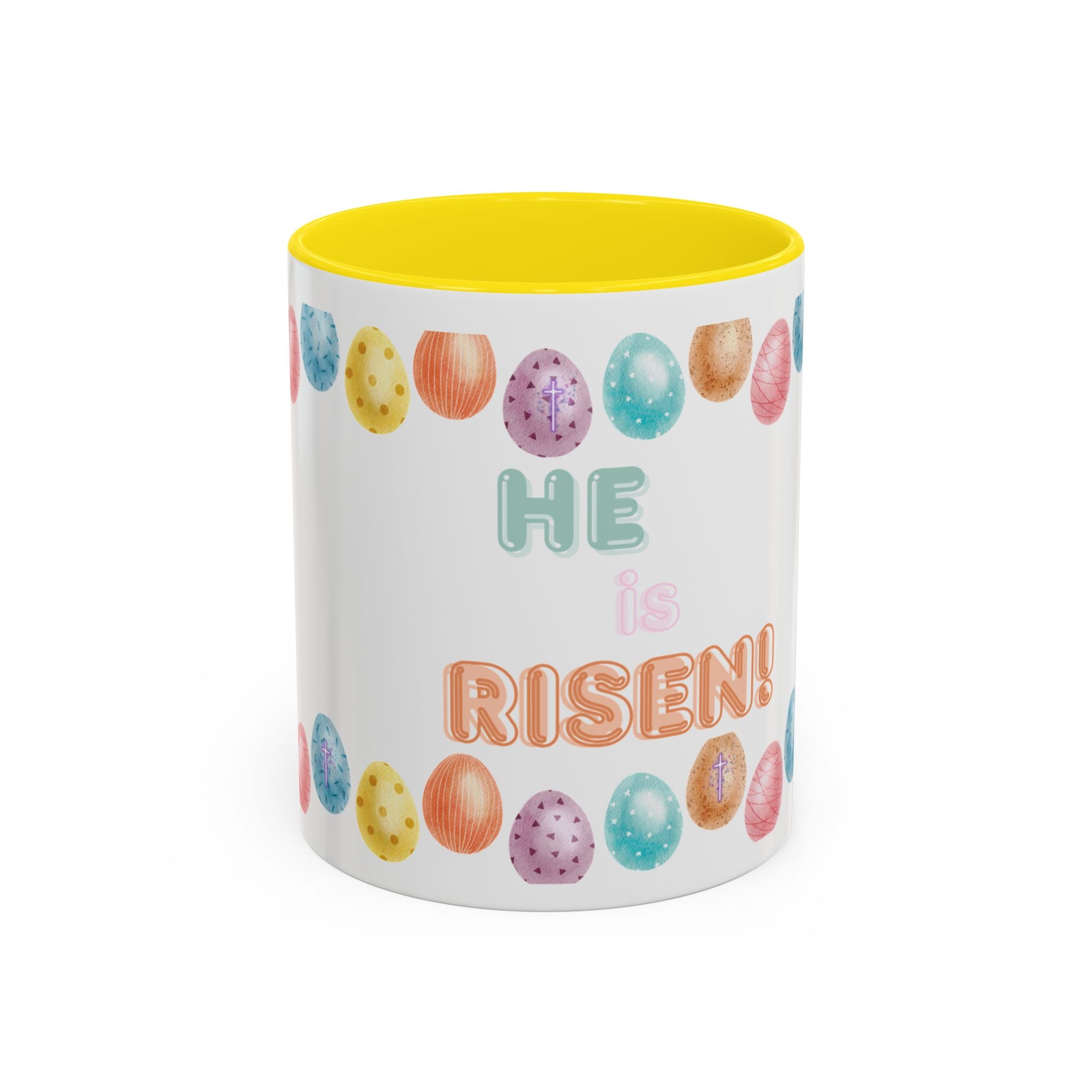 He Is Risen! Easter Accent Coffee Mug – Colorful Pastel Egg Border (11/15oz)