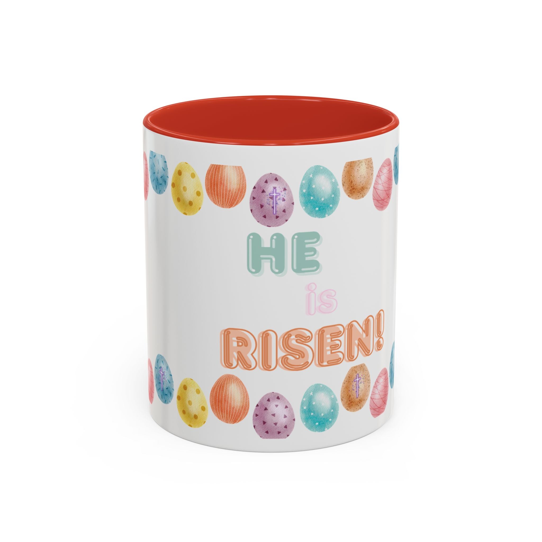 He Is Risen! Easter Accent Coffee Mug – Colorful Pastel Egg Border (11/15oz)