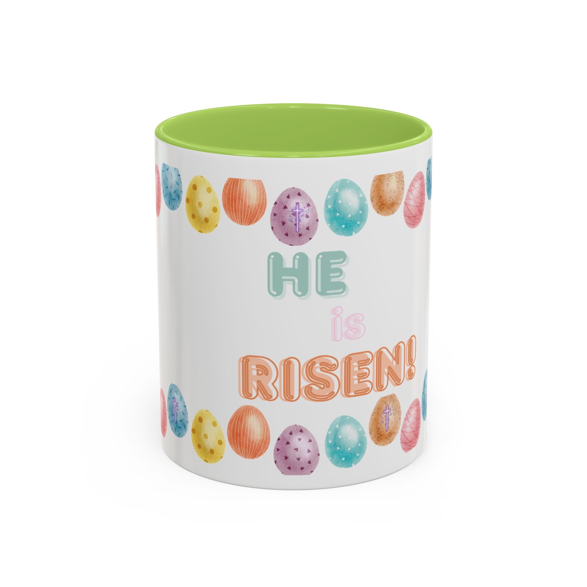 He Is Risen! Easter Accent Coffee Mug – Colorful Pastel Egg Border (11/15oz)